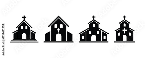 Set of simple black silhouette church icons with crosses and stained glass windows, religious building designs