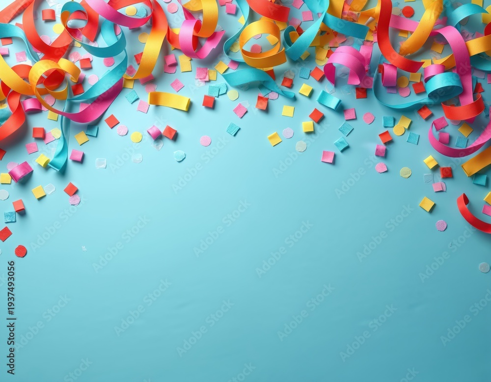 Fototapeta premium Bright colorful confetti and streamers on blue background. Party and celebration elements create festive mood. Happy, fun, and joyful decorations for event design.