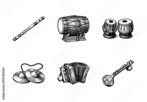 Set of traditional musical instruments in vintage woodcut engraving style including sitar, tabla, and accordion