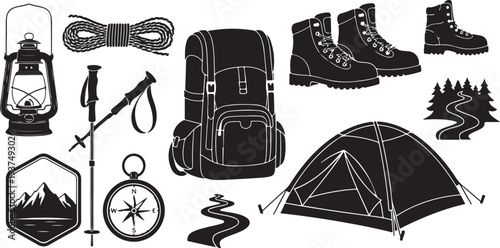 Camping and hiking equipment icons for outdoor adventure travel