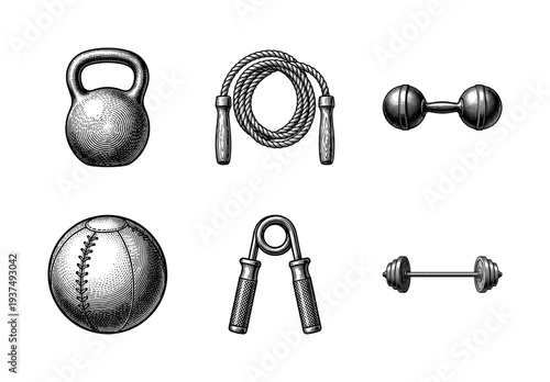 Vintage woodcut style collection of fitness equipment including kettlebell, jump rope, dumbbells, medicine ball, hand gripper, and barbell.