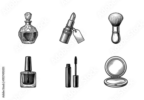 Vintage style engraving collection of cosmetic and beauty products including perfume lipstick and mascara