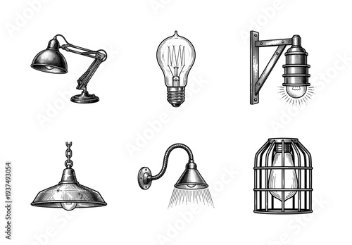 Vintage industrial lighting collection featuring hand drawn engraving style lamps, bulbs, and sconces in a classic black and white aesthetic.