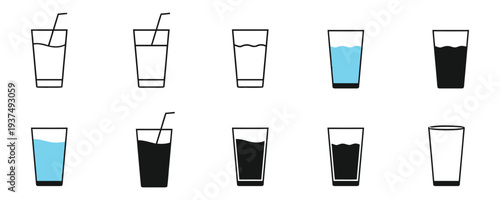 Set of ten drink glasses with different contents and straws, isolated on white background