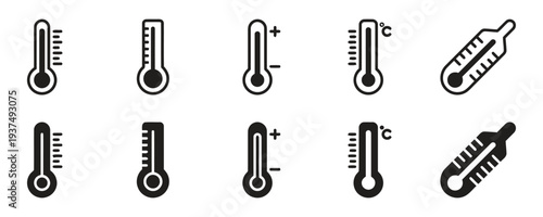Set of thermometer icons representing temperature measurement and weather conditions