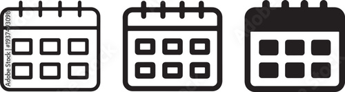 Set of three calendar icons with different designs and line weights on transparent background
