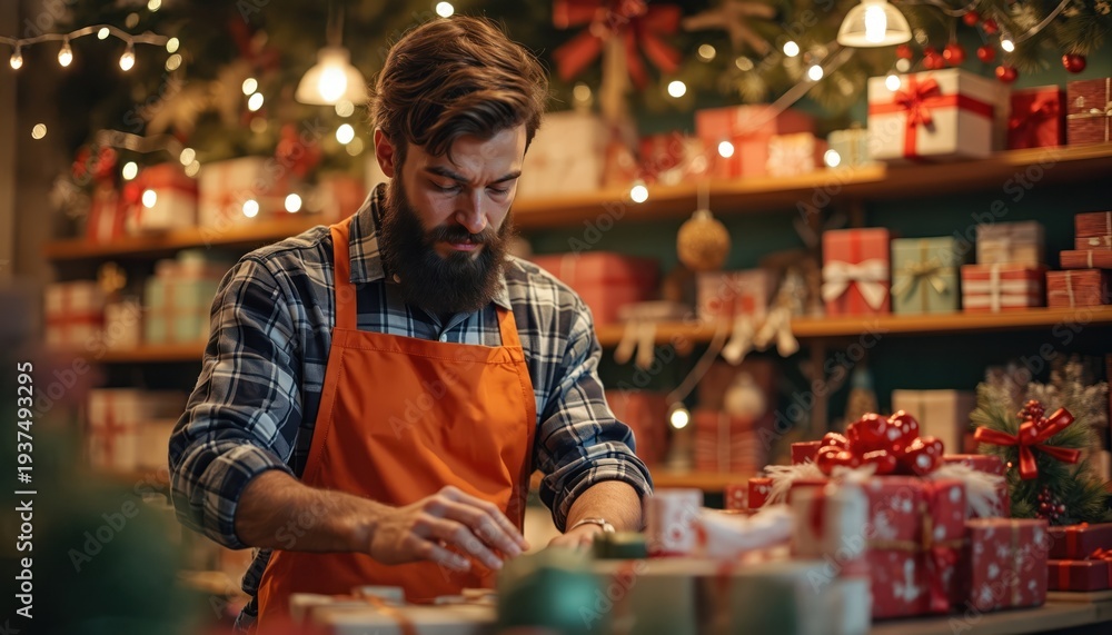 Obraz premium Man works in festive shop preparing gifts evening. Shelves filled with presents, lights twinkle, creating holiday cheer. Seasonal retail worker wraps boxes, retail business operation.
