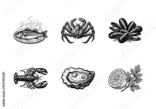 Vintage woodcut style seafood collection featuring engraved illustrations of fish, crab, mussels, lobster, oyster, and lemon with parsley