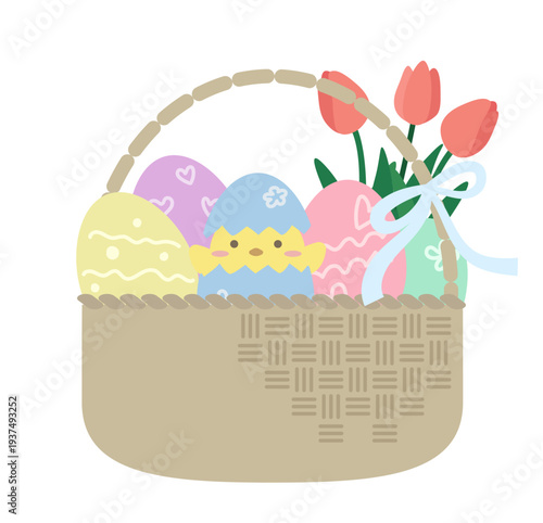 イースターの卵とひよこのバスケットイラスト素材
