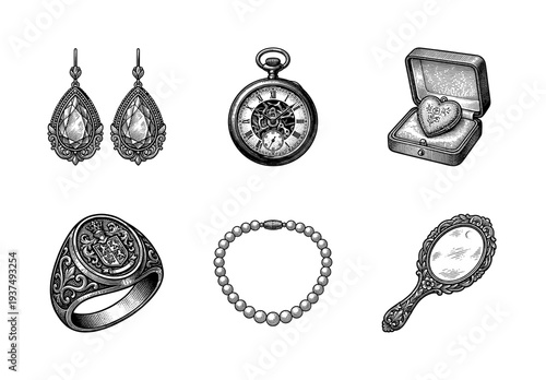 Vintage jewelry and accessories collection featuring engraved pocket watch, gemstone earrings, signet ring, pearl necklace, locket, and ornate hand mirror in woodcut style.