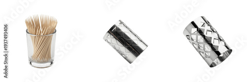 Set and collection of stainless steel and glass toothpick holders with wooden toothpicks isolated on white transparent png background