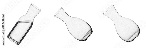 Set and collection of elegant glass carafes and wine decanters for beverage service isolated on white transparent png background