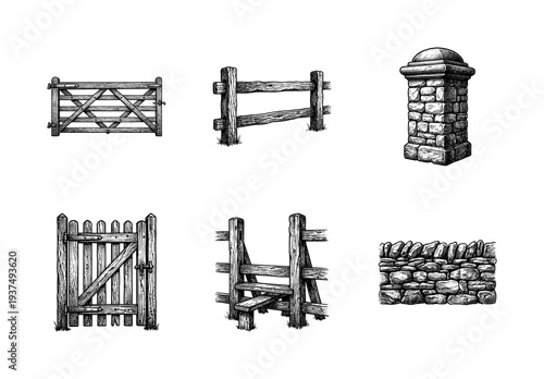 Vintage hand drawn engraving style collection of rustic wooden fences gates stone walls and pillars for countryside farm and garden landscape design