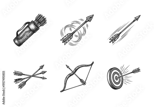 Vintage woodcut style archery set including bow, arrows, quiver, and target. Hand drawn engraving illustration of medieval hunting equipment.