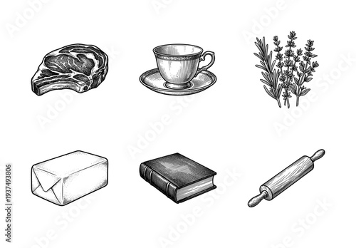 Vintage hand drawn engraving style collection of kitchen and lifestyle icons including meat steak tea cup herbs butter book and rolling pin