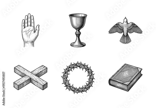 Set of Christian religious icons in vintage woodcut engraving style featuring a chalice, dove, cross, crown of thorns, holy bible, and hand