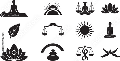 Black icons of yoga and meditation symbols on white