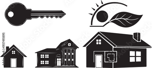 Black and white house icons with key and leaf