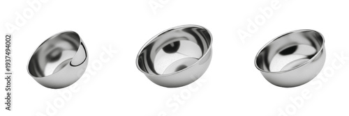 Set and collection of stainless steel round nesting bowls and polished metal kitchenware objects isolated on white transparent png background