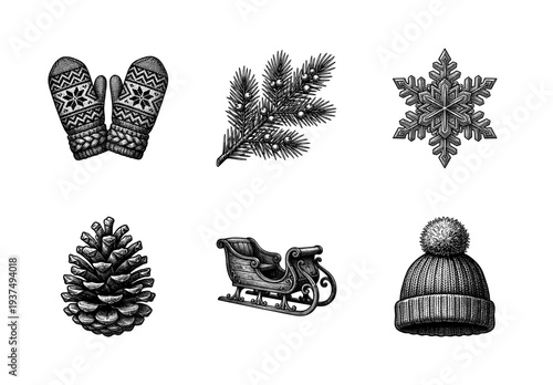 Vintage woodcut style winter icons collection featuring mittens pine branch snowflake pinecone sleigh and knit hat