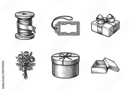 Vintage engraving collection of gift packaging and floral elements featuring ribbon spool, decorative tag, wrapped parcels, and a rose bouquet.