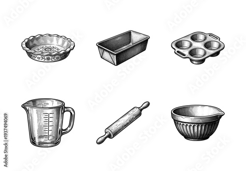 Vintage engraving style collection of baking and kitchen tools including pie dish, loaf pan, muffin tin, measuring cup, rolling pin, and mixing bowl.