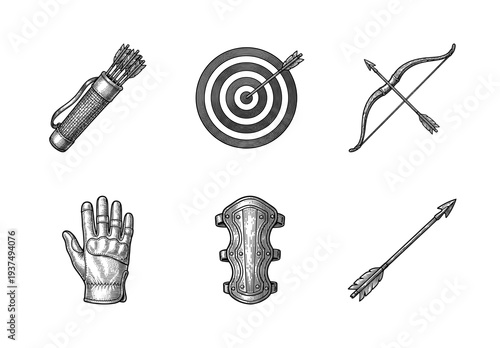 Vintage engraving style archery equipment set featuring a wooden recurve bow, arrows, quiver, bullseye target, protective arm guard, and leather shooting glove.