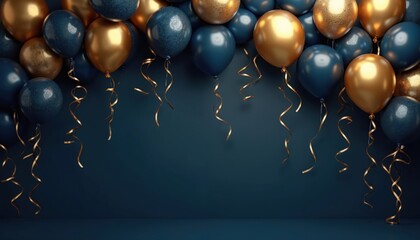 Dark blue and gold balloons float on dark blue background. Shiny streamers hang down. Elegant festive decoration for celebrations like birthdays or anniversaries. Luxury party event backdrop design.