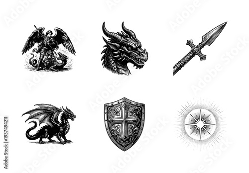 Medieval fantasy woodcut illustrations featuring a knight slaying a dragon, ornate shield, spear, and celestial star symbols in a black and white engraving style