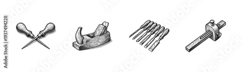 Vintage collection of hand drawn woodworking tools including awls jack plane chisels and marking gauge in a detailed woodcut engraving style