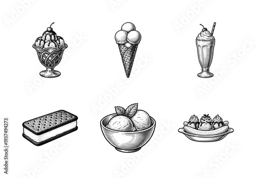 Vintage engraving style collection of ice cream desserts including sundaes, cones, sandwiches, and banana splits on a plain white background