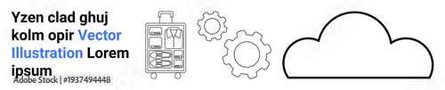 Travel, technology, cloud computing, mechanical systems, data storage, innovation. Luggage, gears and cloud icon in minimal line art style. Travel and technology concept through icons