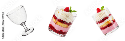 Set and collection of strawberry raspberry trifle dessert in glass with whipped cream and mint leaf isolated on white transparent PNG background