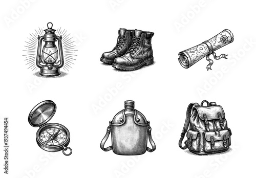 Vintage engraving style outdoor adventure set featuring lantern, hiking boots, rolled map, compass, canteen, and backpack in black and white line art.