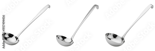 Set and collection of stainless steel soup ladles kitchen serving spoons and cooking equipment isolated on white transparent PNG background