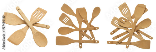 Set and collection of wooden bamboo kitchen utensils spatulas spoons and cooking tools isolated on white transparent PNG background