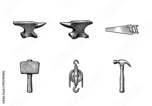 Set of vintage engraving style hand tools and blacksmith equipment featuring anvils, hand saw, wooden mallet, pulley, and claw hammer