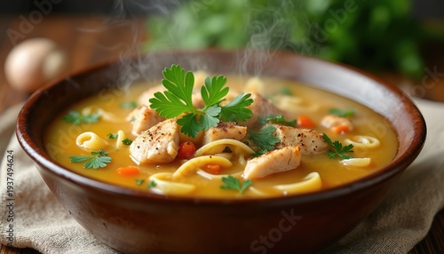 Steaming bowl of chicken noodle soup with fresh parsley garnish and visible carrots and pasta. Warm homemade broth comfort food ready for winter season.