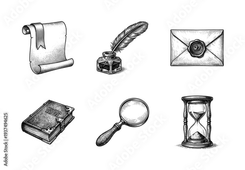 Vintage engraving style collection of historical scholar icons including quill, inkwell, hourglass, wax sealed letter, and antique book