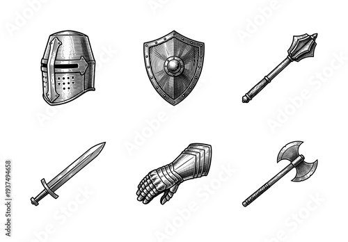 Medieval knight armor and weapon collection featuring hand drawn engraving style illustrations of helmet shield mace sword gauntlet and axe