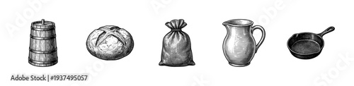 Set of vintage rustic kitchenware and food illustrations including a wooden barrel, bread loaf, flour sack, ceramic pitcher, and cast iron skillet in a woodcut engraving style.