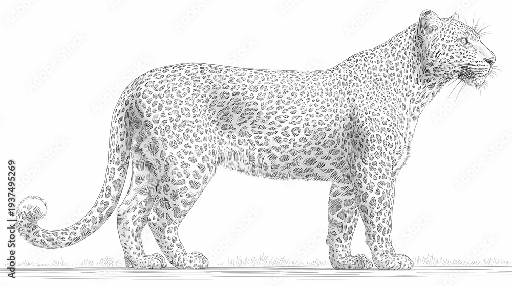 Fototapeta premium Detailed Pencil Sketch of a Majestic Leopard Standing Sideways.