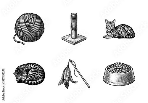 Vintage style engraving collection of cat care and pet accessories featuring felines, yarn ball, scratching post, feather toy, and food bowl.
