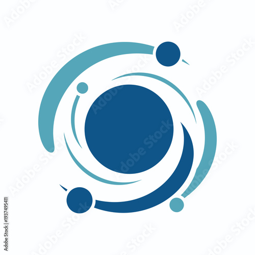 Abstract swirling vortex with orbiting dots, representing atomic structure, energy, or data flow, science and technology concept