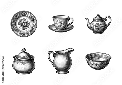 Vintage engraving style tea set collection including porcelain teapot cup saucer sugar bowl cream pitcher and floral plate
