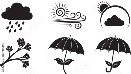 Weather icons and symbols for rain, wind, and sunshine forecast