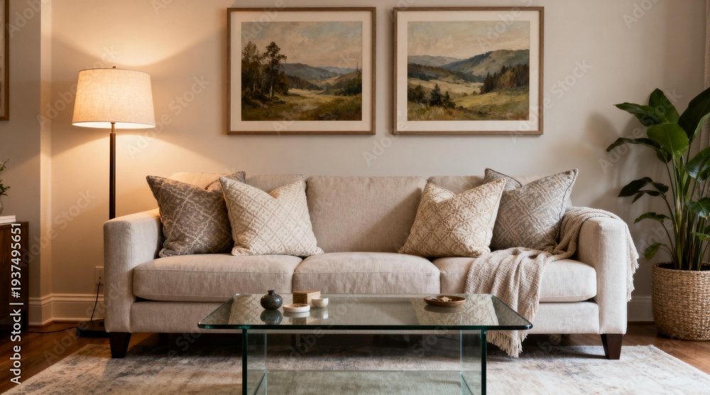 Fototapeta premium Cozy Living Room with Neutral Tones and Art
