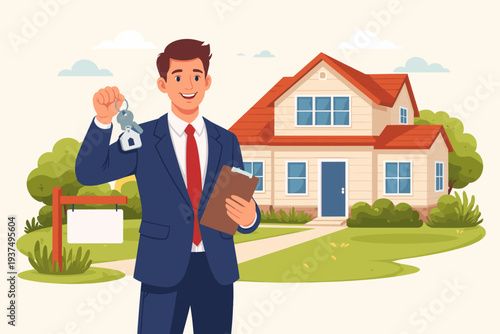 Professional real estate agent in a suit holding house keys and a clipboard standing in front of a beautiful suburban home with a for sale sign, concept for property purchase and mortgage.