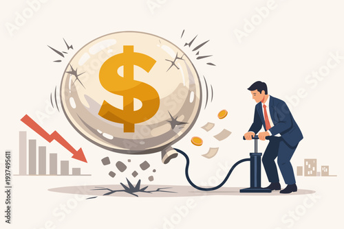 Businessman inflating a giant dollar sign balloon until it cracks, symbolizing a financial bubble, economic crisis, market crash, inflation, and high risk investment concept vector illustration.