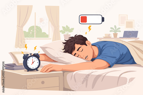 Tired Man Sleeping in Bed with Low Battery Icon, Exhausted Male Character Feeling Burnout and Lack of Energy, Morning Alarm Clock Ringing, Procrastination and Laziness Concept Vector Illustration
